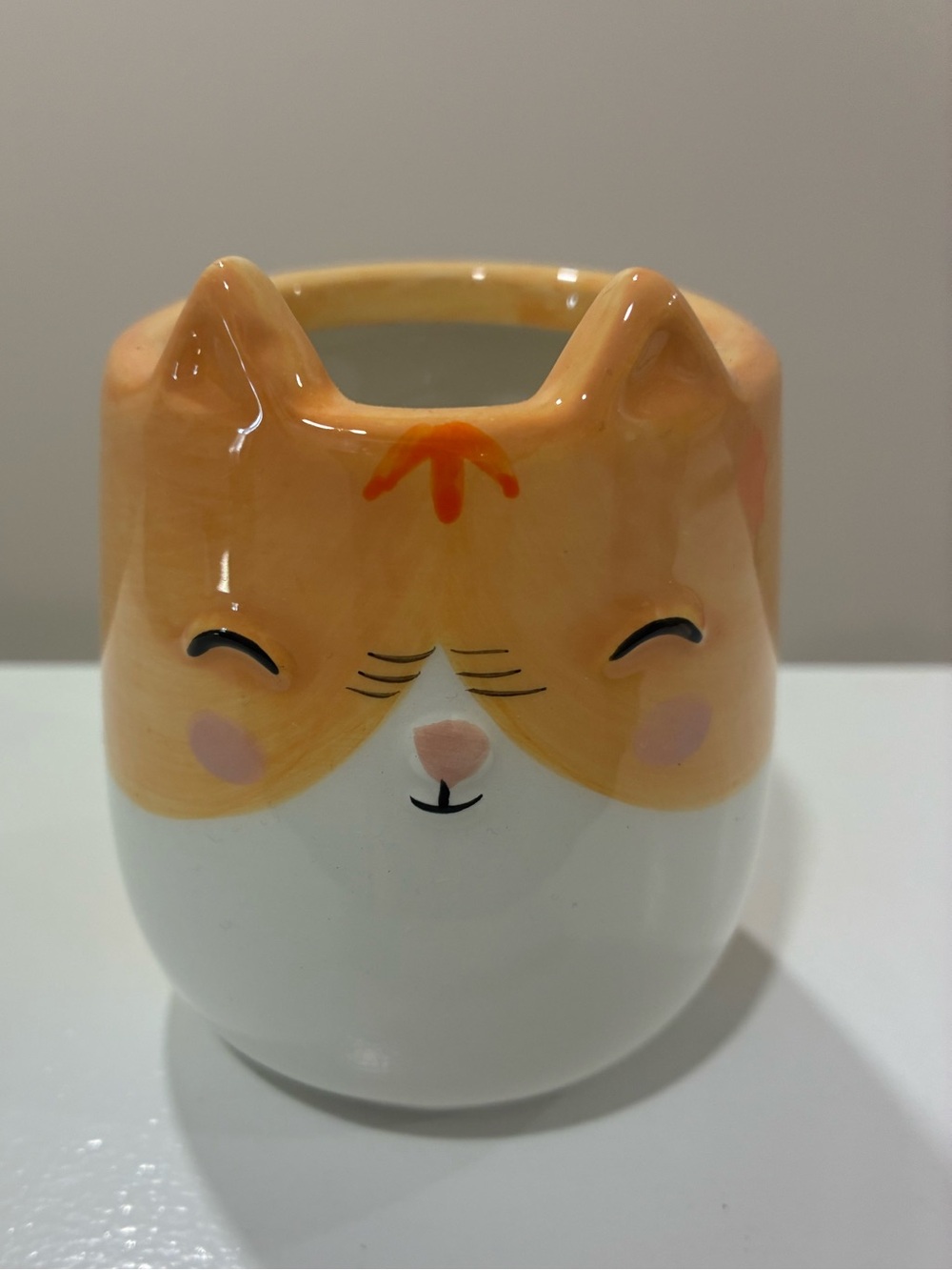 Small Ceramic Orange and White Cat Planter Pot